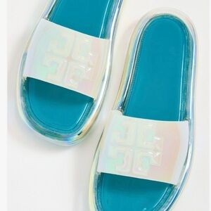 Tory Burch Iridescent White/Cream and Turquoise Teal Sandals